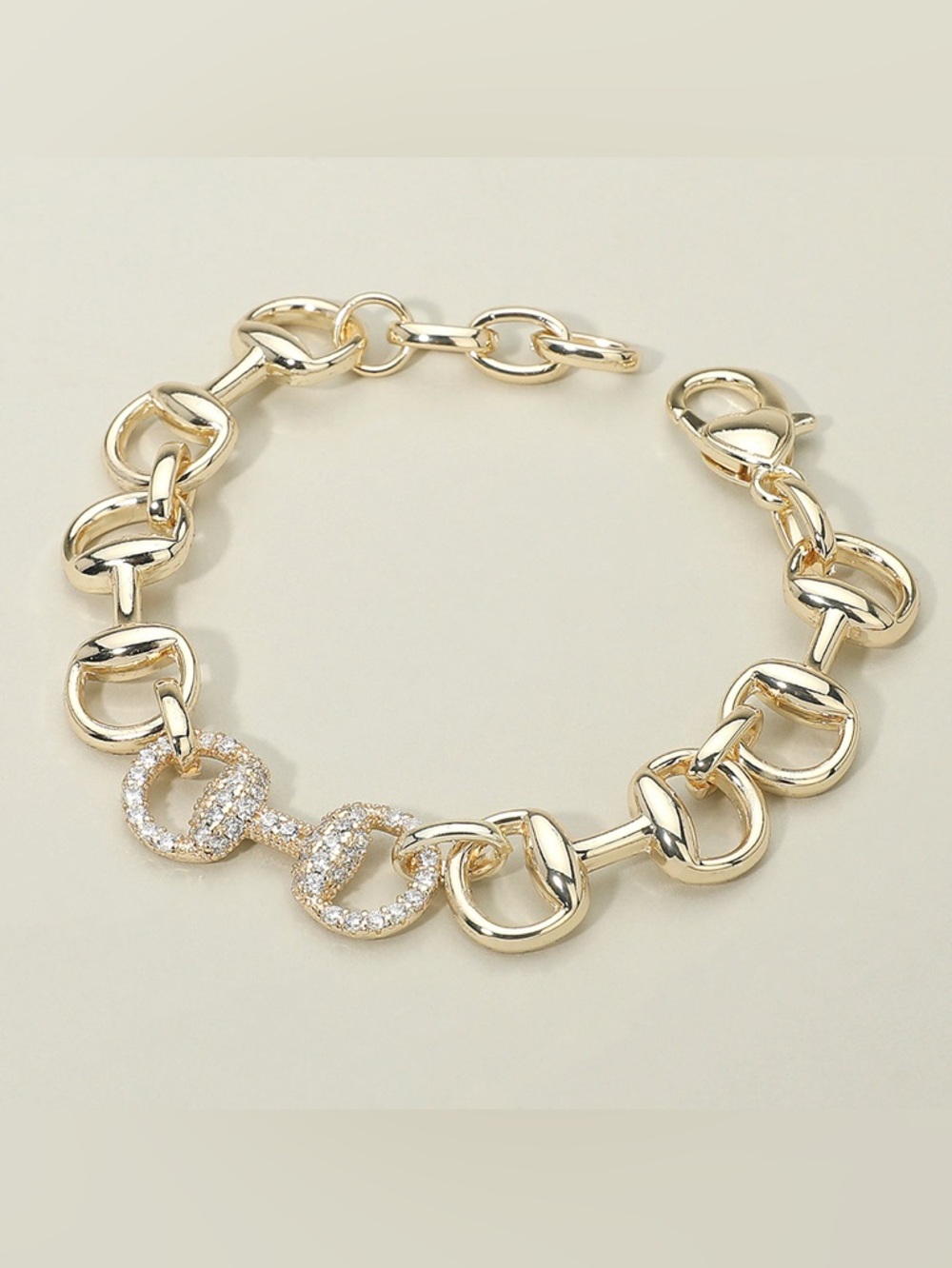 CZ Stone Paved Horsebit Center Accent Link Bracelet
